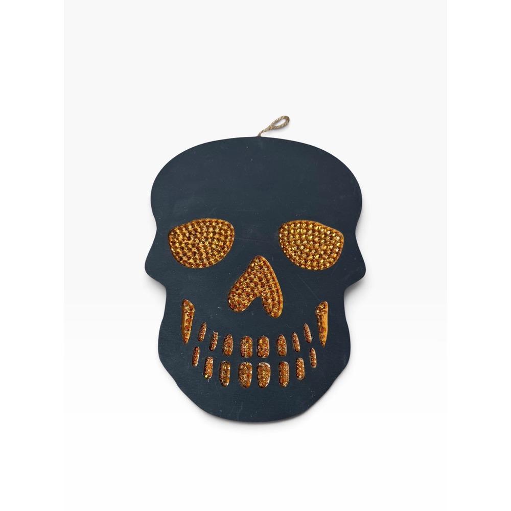 Hand Painted Wood Skull Sign black with gold rhinestones gems